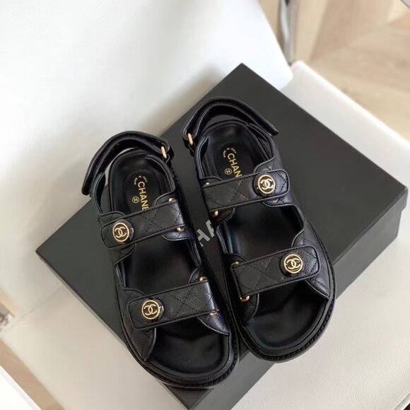 Black Caviar Dad Sandal Gold CC Logo Mule Slide Flat - Picture 1 of 8